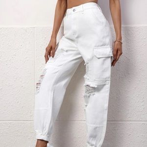High Waist Ripped Cargo Jeans